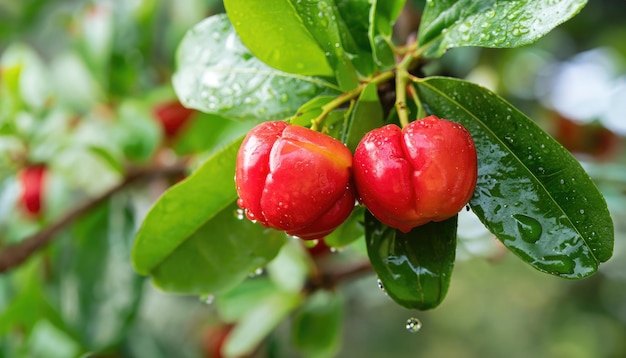 Acerola cherries fruit on the tree with water drop