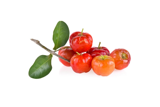 Acerola small cherry fruit with leaf isolated on white background