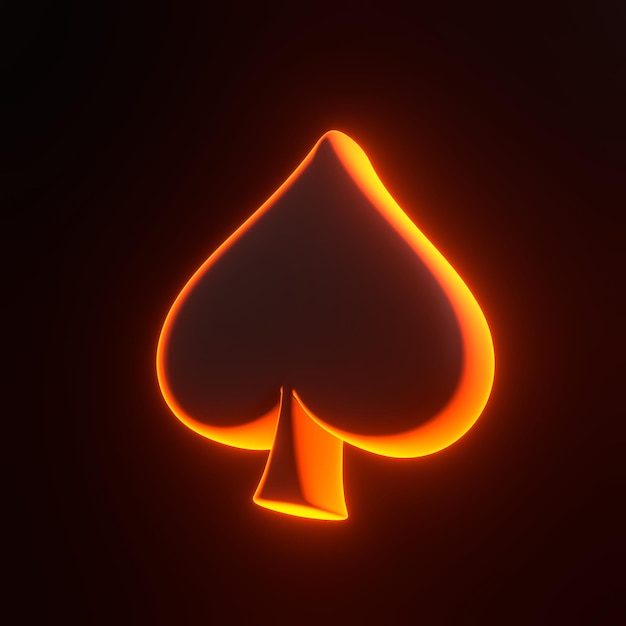 Aces playing cards symbol spades with bright glowing orange neon lights on black background 3D