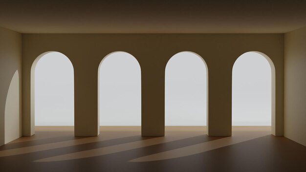 Photo aches window in the wall with sun light and shadow empty room 3d rendering