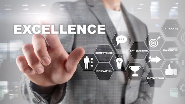 Achieve Business Excellence as concept Pursuit of excellence Blurred business center background