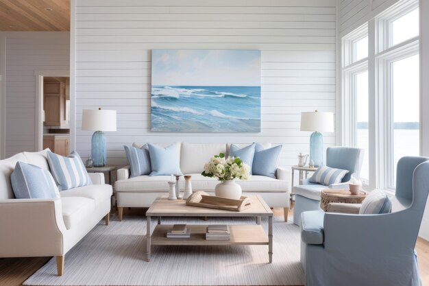 Achieve a modern coastal escape with light blue and white color scheme shiplap walls and seashell decor ar 32 v 52 Job ID 785f71004d714bd3b25ace5e229a1d29