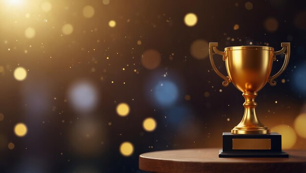 Achievement success in education awards concept Golden trophy cup winner on bokeh background Congratulation in university