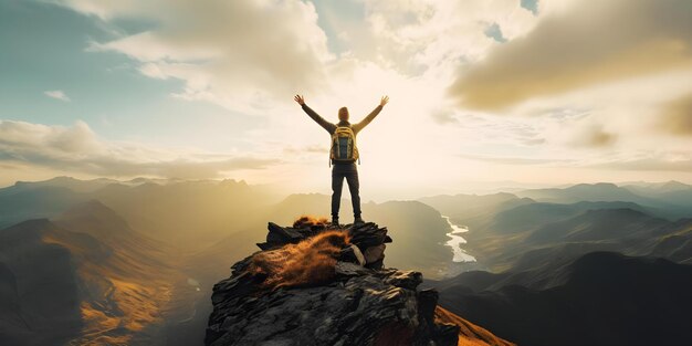 Photo achieving success a hiker standing victorious atop a towering mountain peak concept achieving success victory hiking mountain peak triumph