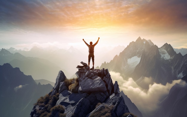 Photo achieving your dreams concept with mountain climber celebrating success on top of mountain