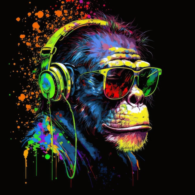 Acid pop colorful ape wearing headphones on black background generative AI