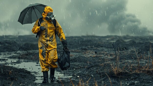 An acid rain specialist in a gas mask and a yellow protective suit walks under an umbrella