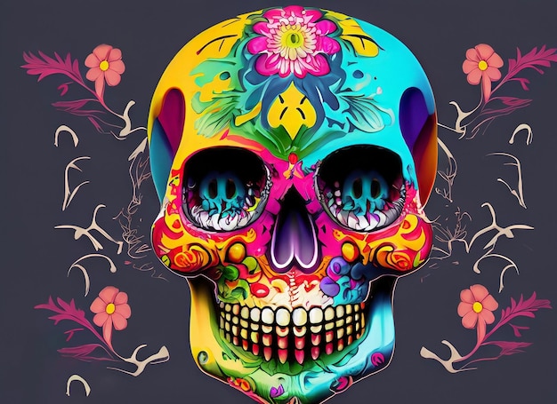 Acolorfulskullwithaflowerpatternonit