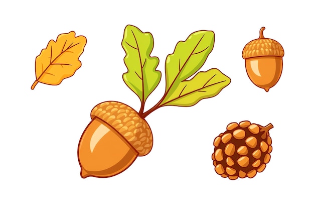 Photo acorn and oak leaves set autumn symbols cartoon vector illustration