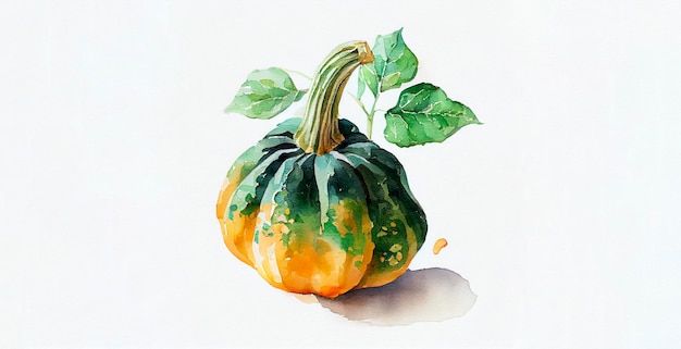 Acorn Squash. Watercolor on white paper background. Illustration of vegetables and greens