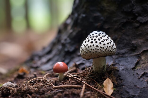 An acorn next to a tiny mushroom