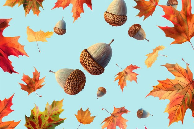 Photo acorns and autumn leaves on a light blue background showcasing falls vivid colors and textures ai