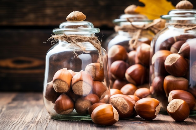 Acorns in a glass jar with a cork lid