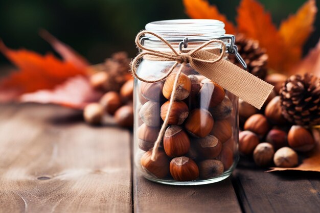 Acorns in a glass jar with a label tied around it