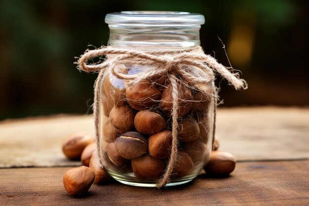 Acorns in a mason jar with twine tied around it