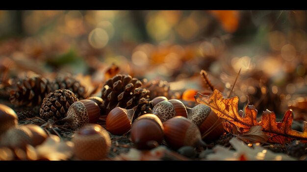 Photo acorns and pinecones scattered on the ground