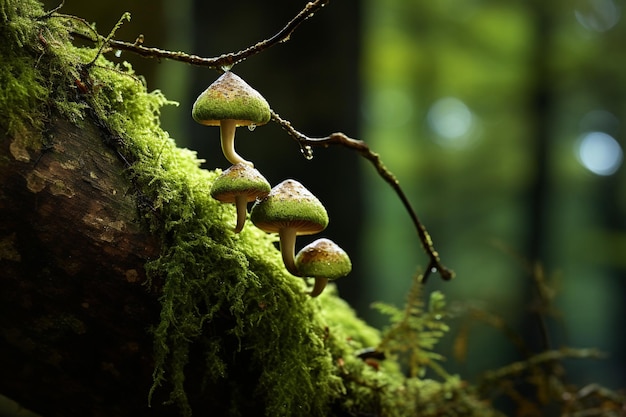 Acorns on a tree branch with green moss