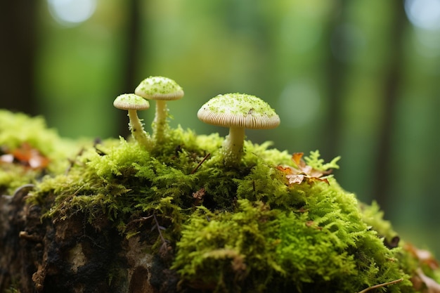 Acorns on a tree stump with ferns and moss