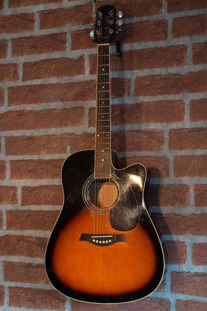 Acoustic guitar beautiful guitar used decorating a barber shop selective focus