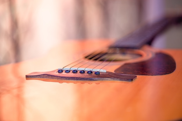 Acoustic guitar. The concept of stringed instruments.