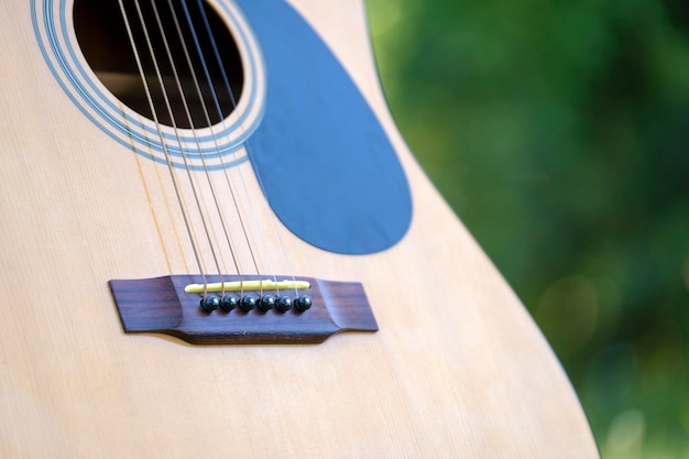 Acoustic guitar outdoors on greenery background Concept of calm music