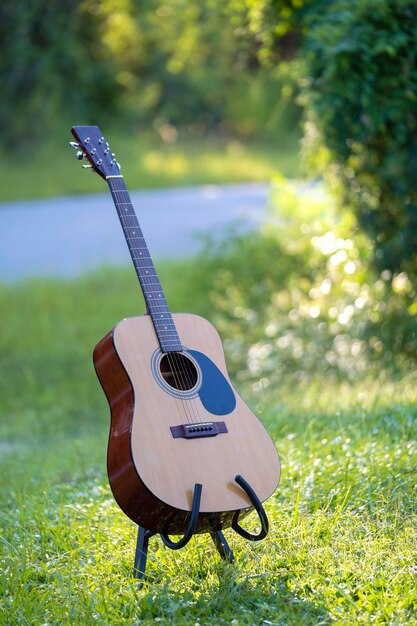 Acoustic guitar outdoors on greenery background Concept of calm music