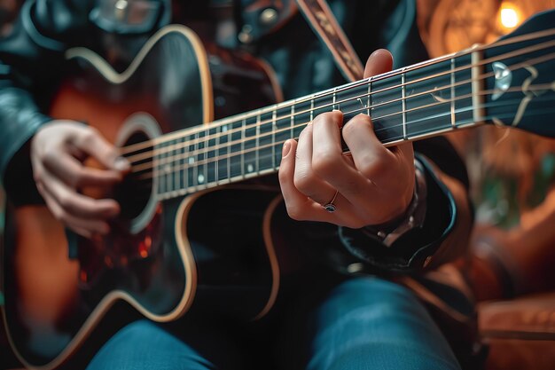 An acoustic guitar player holds it in their hands