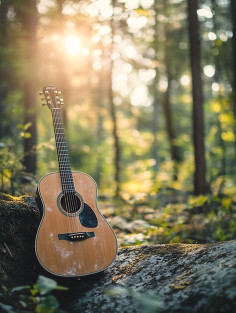 Photo acoustic guitar in serene forest setting nature music and tranquility