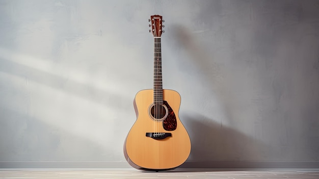 Acoustic guitar standing against the empty wall for copy space