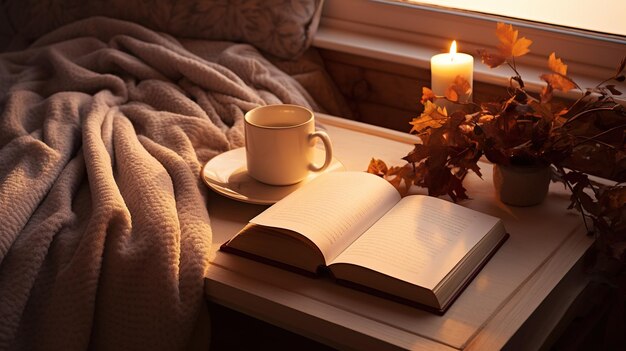 Acozy reading nook with an open book reading glasses and a warm mug of tea creating