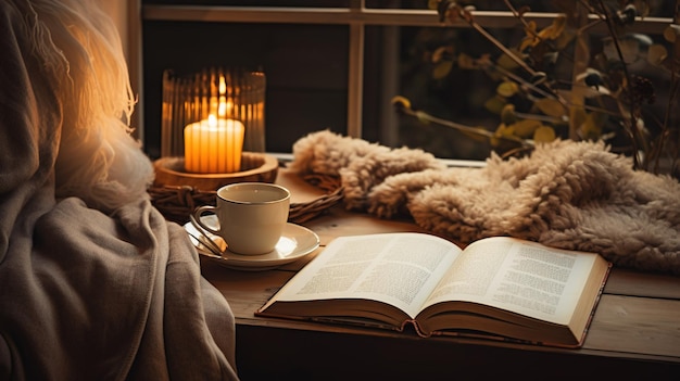 Photo acozy reading nook with an open book reading glasses and a warm mug of tea creating