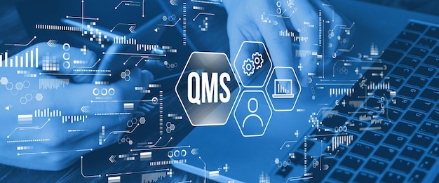 Acronym QMS or Quality Management System Abstract scheme with text and icons