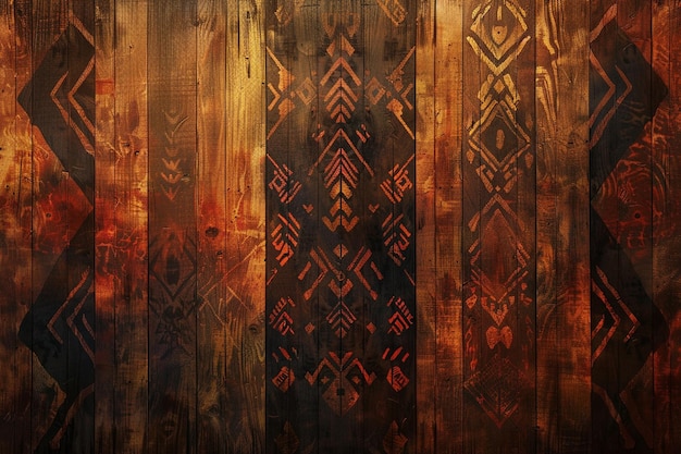 Across the aged wooden panel tribal patterns inter generative ai