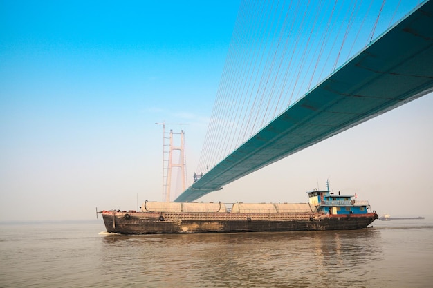 Across the bridge of a cargo ship on the yangtze river