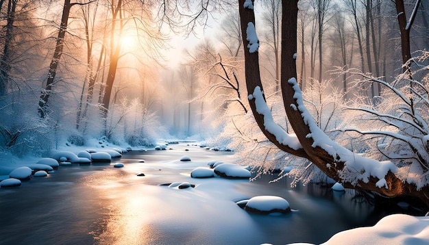 Acrylic paint winter forest river background