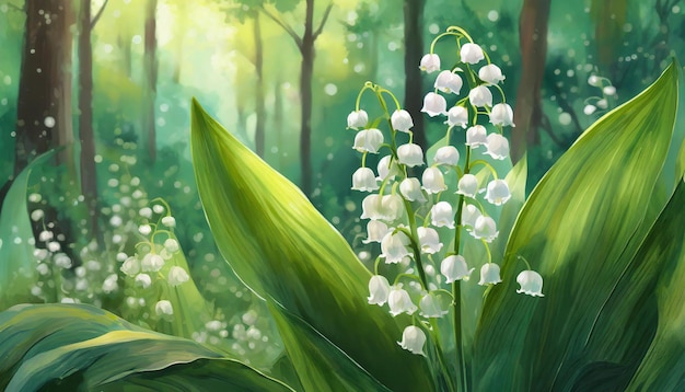 Acrylic painting of beautiful lily of valley Blooming flowers Spring season