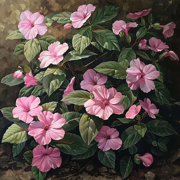 Acrylic Painting of a Carpet of Half Dark Pink Impatiens