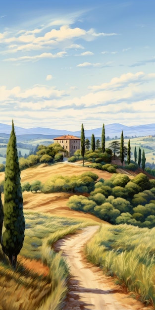 Acrylic Painting Of Tuscan Countryside Landscape With Cypress Trees