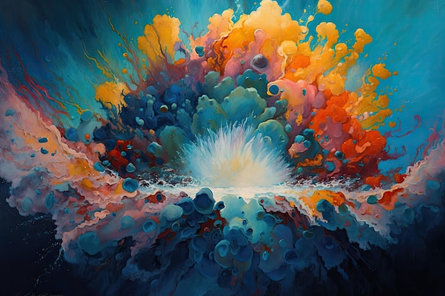 Acrylic painting of an undersea explosion and a background of blue orange and rainbow smoke