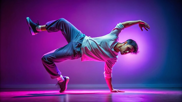 Photo in action motion young stylish man break dancing hiphop dancer practicing solo in casual clothes isolated over purple background in neon pink light at dance hall