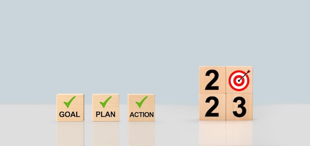 Action plan for 2023 Cubes with text 2023 plan goal action New year plans for 2023 Concept of planning and challenge business strategy opportunity hope new life change