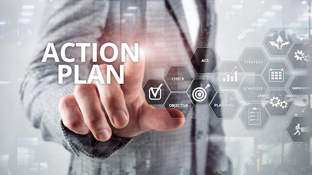 Action Plan Strategy Planning Vision Direction Financial concept on blurred background