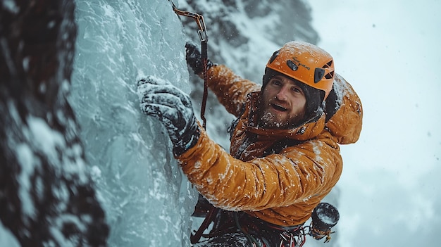 Photo action shot of climber ascending vertical rock face detailed view of climbing gear including ice