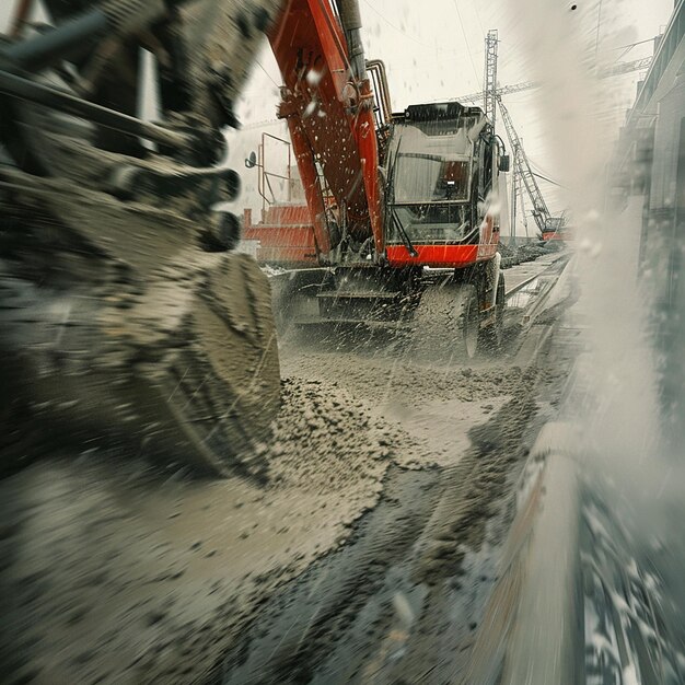 Photo action shot of a concrete mixer in motion