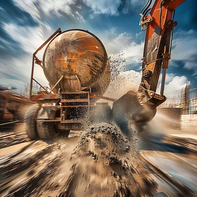 Action Shot of a Concrete Mixer in Motion