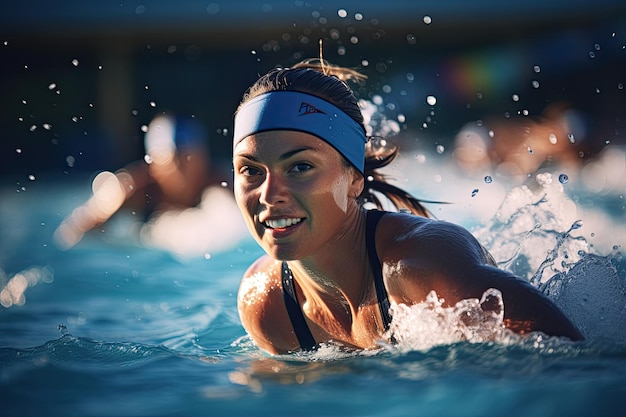 Action shot female swimmer off the blocks in swimming event unsplash