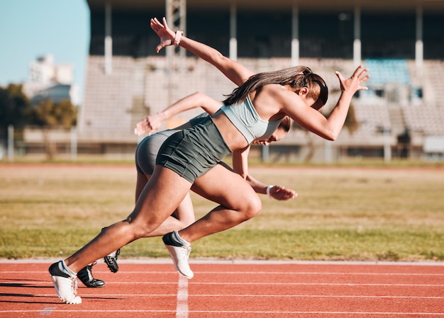 Action sports and athlete running sprint in competition or fitness game or training for energy wellness on track Race stadium and athletic people or runner exercise speed and workout performance