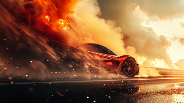 Photo an actionpacked image of a supercar speeding on a track engulfed in dramatic smoke and illuminated by fiery dynamic lighting for a thrilling effect