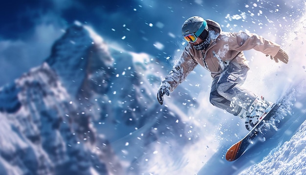 ActionPacked Snowboarder MidJump on a Snowy Mountain Slope