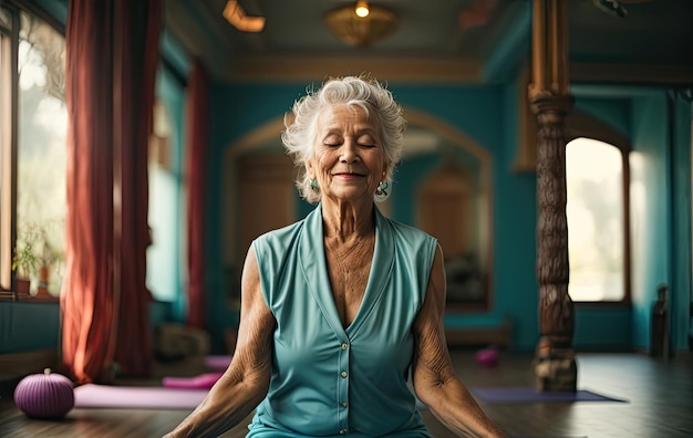 Active aging happy retirement Joyful elderly woman doing yoga spiritual practices